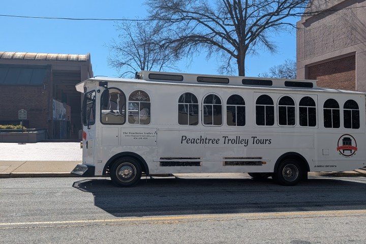 White trolley bus parked on street with tree and buildings in background, sunny day.